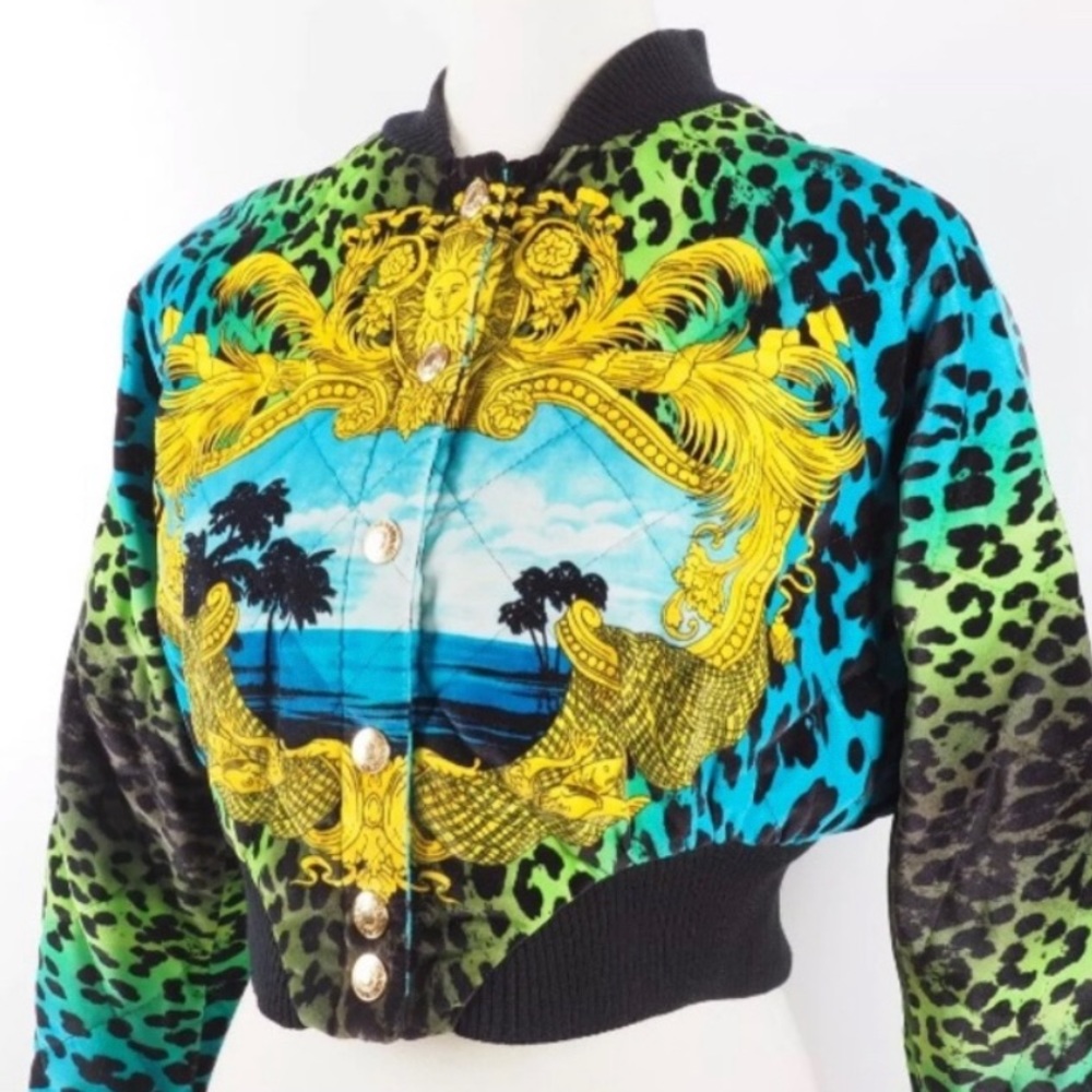 Versace Multi Color Leopard Print Bomber Jacket